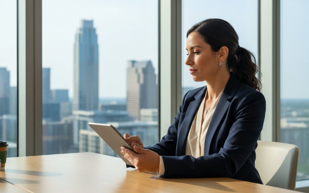 Businesswoman in a navy blazer sits at a desk with a tablet, overlooking a city skyline in a bright office.