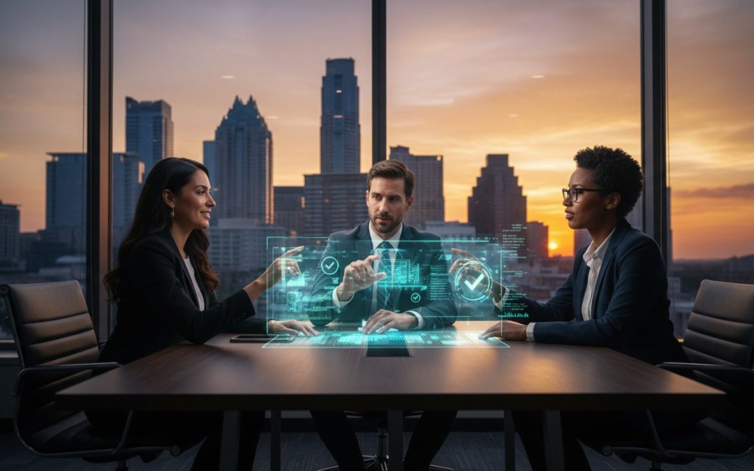 Three business professionals in a glass-walled office discuss a glowing holographic data interface projected on the table, with a city skyline at sunset in the background.