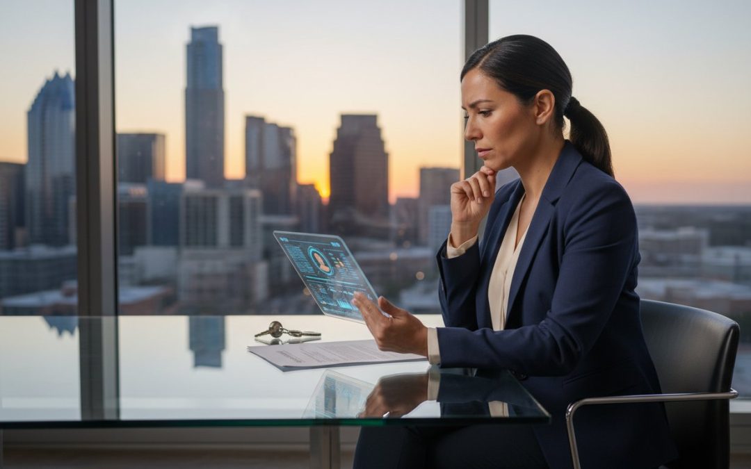 Businesswoman in a navy suit reviews a transparent tablet with data while seated at a glass desk, city skyline at sunset outside the window.